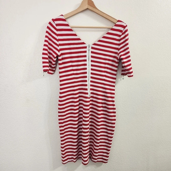 BANANA REPUBLIC Striped Zipped Back Ponte V Neck Dress Red White Size 4 - Picture 3 of 12